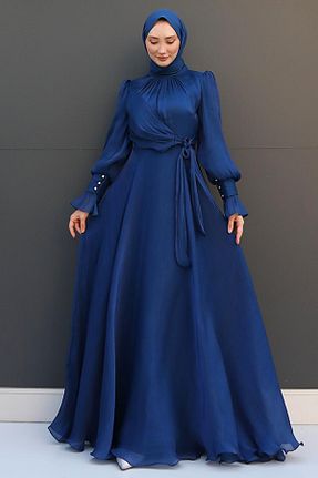 لباس مجلسی حجاب سرمه ای زنانه یقه ایستاده GİZ AGİYİM - کد 853038208