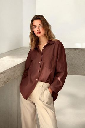 پیراهن قهوه ای زنانه یقه پیراهنی HAKKE - کد 853455829
