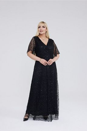 لباس سایز بزرگ مشکی زنانه پارچه VOLİNAY TEKSTİL - کد 734291776