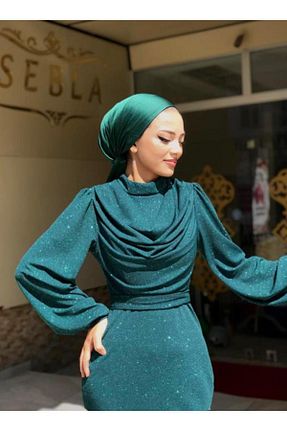 لباس مجلسی حجاب سبز زنانه یقه ایستاده Tarzım Tuba - کد 765657660