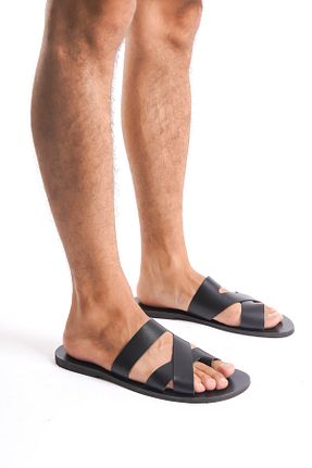 دمپائی مشکی مردانه چرم خالص DaphneSandals - کد 854030150