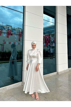 لباس مجلسی حجاب سفید زنانه یقه ایستاده BYATEİLER - کد 773241751