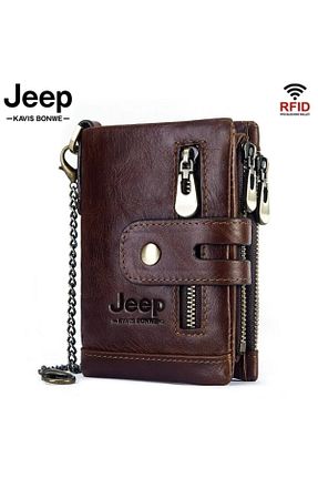 کیف پول قهوه ای مردانه چرم خالص Jeep - کد 99682498