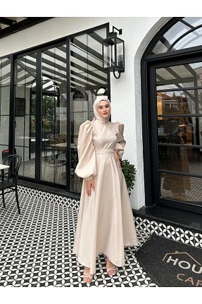 لباس مجلسی حجاب بژ زنانه یقه ایستاده By Atelier - کد 793830684