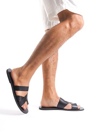 دمپائی مشکی مردانه چرم خالص DaphneSandals - کد 854030150
