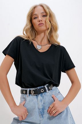 تیشرت مشکی زنانه رگولار Trend Alaçatı Stili - کد 4418175