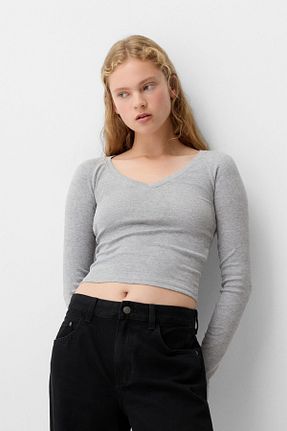 تیشرت طوسی زنانه رگولار Bershka - کد 854140404
