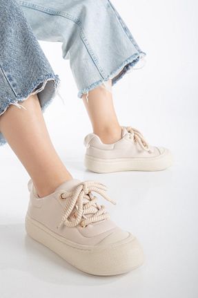 کفش اسنیکر بژ زنانه بند دار SUİNS SHOES - کد 808683446
