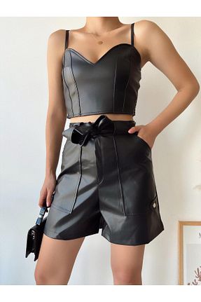 شلوارک و برمودا مشکی زنانه فاق بلند POZİGİ - کد 854363693