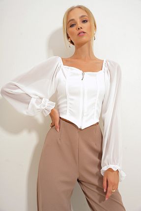 بلوز سفید زنانه ساده Trend Alaçatı Stili - کد 854043108
