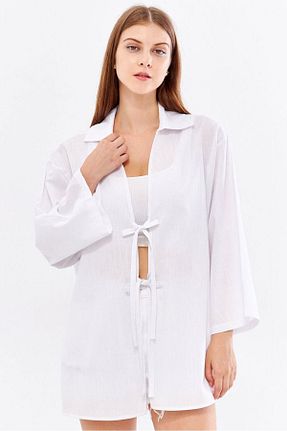 کیمونو و کافتان سفید زنانه مخلوط کتان MissKybele - کد 854428277
