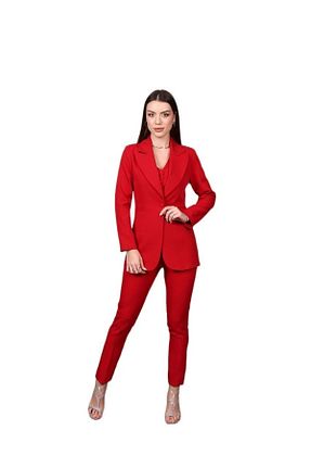 کت و شلوار قرمز زنانه یقه هفت Raheel Fashion - کد 475987655