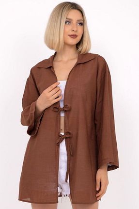 کیمونو و کافتان قهوه ای زنانه مخلوط کتان MissKybele - کد 854428146