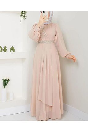 لباس مجلسی حجاب بژ زنانه شیفون mihratesettür - کد 852413247