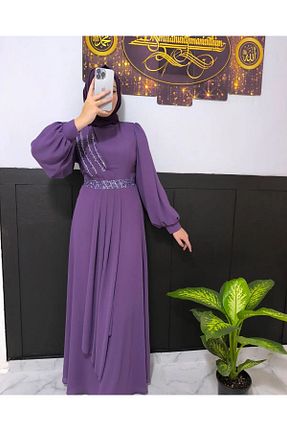لباس مجلسی حجاب بنفش زنانه شیفون mihratesettür - کد 852734102