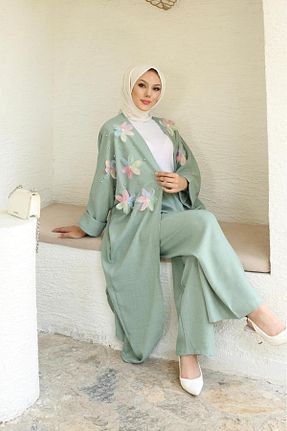 کافتان و کیمونو حجاب سبز زنانه کتان SHİROSA - کد 836634307