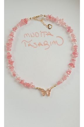 گردنبند جواهر صورتی زنانه سنگ Mudita Tasarım - کد 199098679