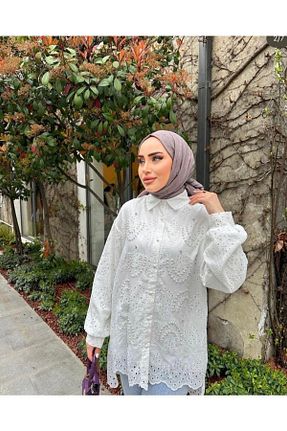 پیراهن سفید زنانه اورسایز AFRA TEKSTİL - کد 741901531