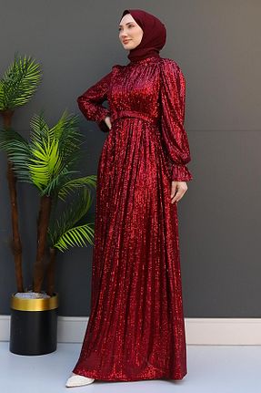لباس مجلسی حجاب زرشکی زنانه یقه ایستاده giz astore - کد 855159913