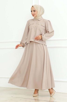 ست بالاتنه و پائین تنه حجاب قهوه ای زنانه گشاد MG - کد 855494002