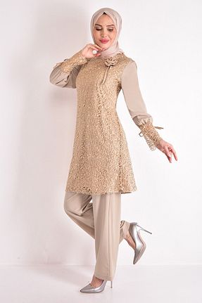 ست بالاتنه و پائین تنه حجاب قهوه ای زنانه رگولار Ayşe Melek - کد 842749000