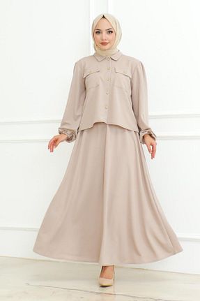 ست بالاتنه و پائین تنه حجاب قهوه ای زنانه گشاد MG - کد 855494002