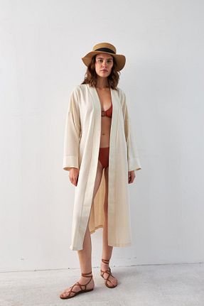 کیمونو و کافتان طوسی زنانه مخلوط کتان Butik - کد 855614799