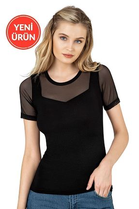 بلوز مشکی زنانه یقه گرد ویسکون آستین کوتاه کد 827693006