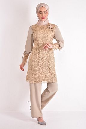 ست بالاتنه و پائین تنه حجاب قهوه ای زنانه رگولار Ayşe Melek - کد 842749000