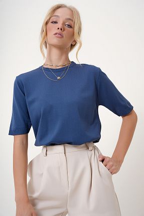 بلوز سرمه ای زنانه ساده Trend Alaçatı Stili - کد 848887483