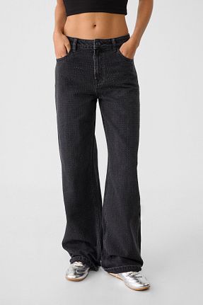 شلوار جین مشکی زنانه پاچه گشاد Stradivarius - کد 853526752