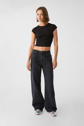 شلوار جین مشکی زنانه پاچه گشاد Stradivarius - کد 853526752