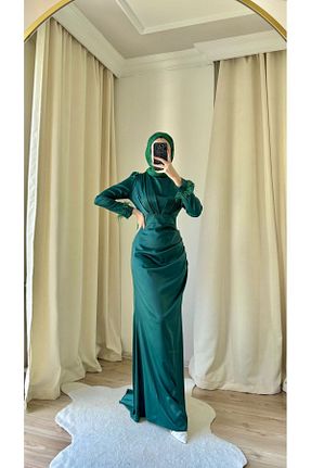 لباس مجلسی حجاب سبز زنانه یقه ایستاده modasusev - کد 849291275