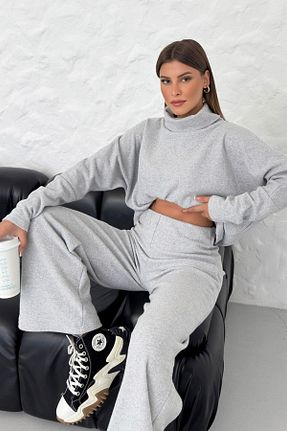 ست بالاتنه و پائین تنه طوسی زنانه بافتنی Trendseninle - کد 465384999