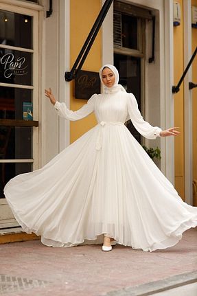 لباس مجلسی حجاب سفید زنانه یقه ایستاده meqlife - کد 328541920