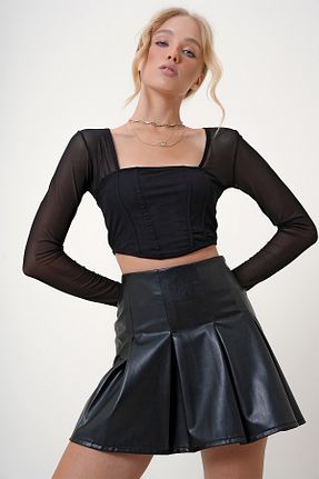 دامن مشکی زنانه چرم مصنوعی Trend Alaçatı Stili - کد 848883287