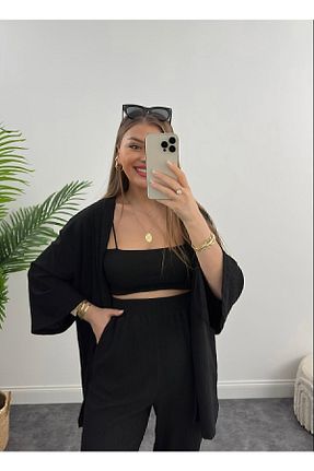 کیمونو و کافتان مشکی زنانه لیکرا ELBİSHE - کد 690403429