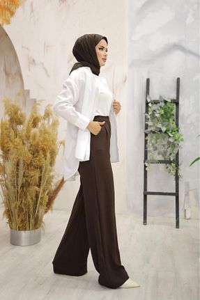 شلوار پارچه ای قهوه ای زنانه فاق بلند Moda İkra - کد 856345254
