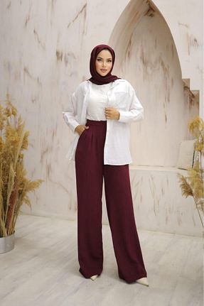 شلوار پارچه ای زرشکی زنانه فاق بلند Moda İkra - کد 856345259