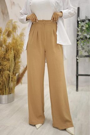 شلوار پارچه ای قهوه ای زنانه فاق بلند Moda İkra - کد 856345257