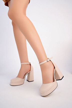 کفش پاشنه بلند پر بژ زنانه پاشنه متوسط (5-9 سانتی متر) epaavm - کد 833329975