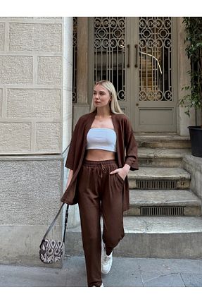 ست بالاتنه و پائین تنه قهوه ای زنانه بافتنی AFROGİYİM - کد 809029135
