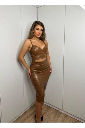 ست بالاتنه و پائین تنه قهوه ای زنانه بافتنی hipnoz butik - کد 774489432