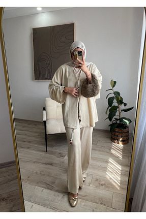 کافتان و کیمونو حجاب بژ زنانه پنبه ای müqofficial - کد 848570400