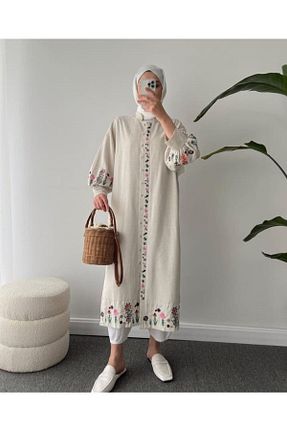 کافتان و کیمونو حجاب بژ زنانه کتان Lavanta Tekstil - کد 720839654
