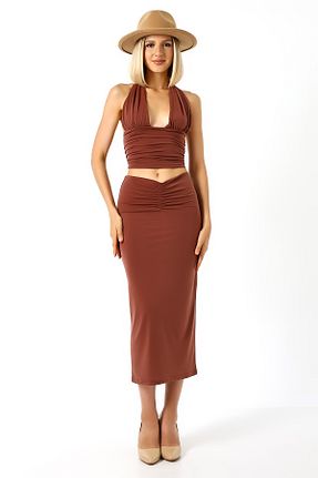 ست بالاتنه و پائین تنه قهوه ای زنانه بافت Zula Moda - کد 857422710