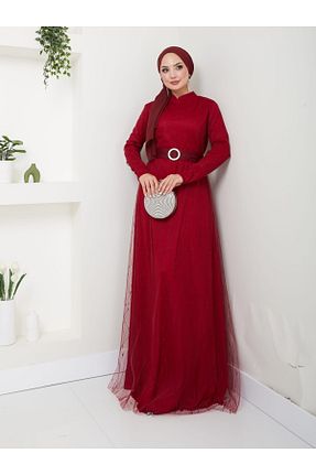 لباس مجلسی حجاب زرشکی زنانه یقه ایستاده Genel Markalar - کد 857163928