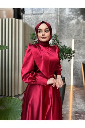 لباس مجلسی حجاب زرشکی زنانه یقه ایستاده Azeem - کد 838131061