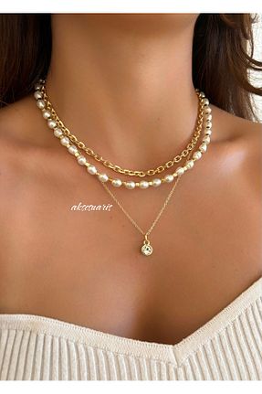 گردنبند جواهر طلائی زنانه مروارید aksesuaris - کد 857417098