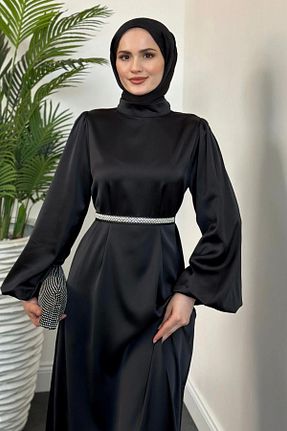 لباس مجلسی حجاب مشکی زنانه یقه ایستاده MERVEN AKYÜZ - کد 875798483
